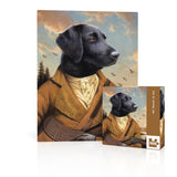 Dog puzzle with a black dog in a hunting outfit on a box