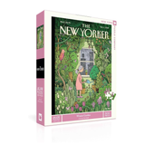 Jigsaw puzzle box featuring an illustration of a woman in a garden with 'The New Yorker' branding.