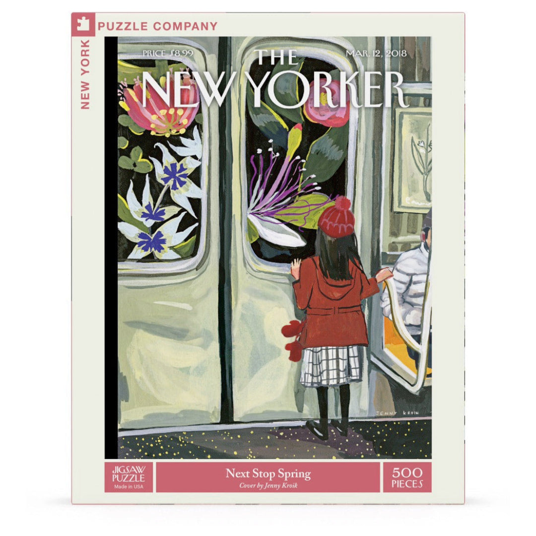 Puzzle box featuring 'The New Yorker' magazine cover with a woman on a train.