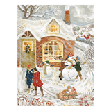 Winter scene with people playing in the snow and a house in the background