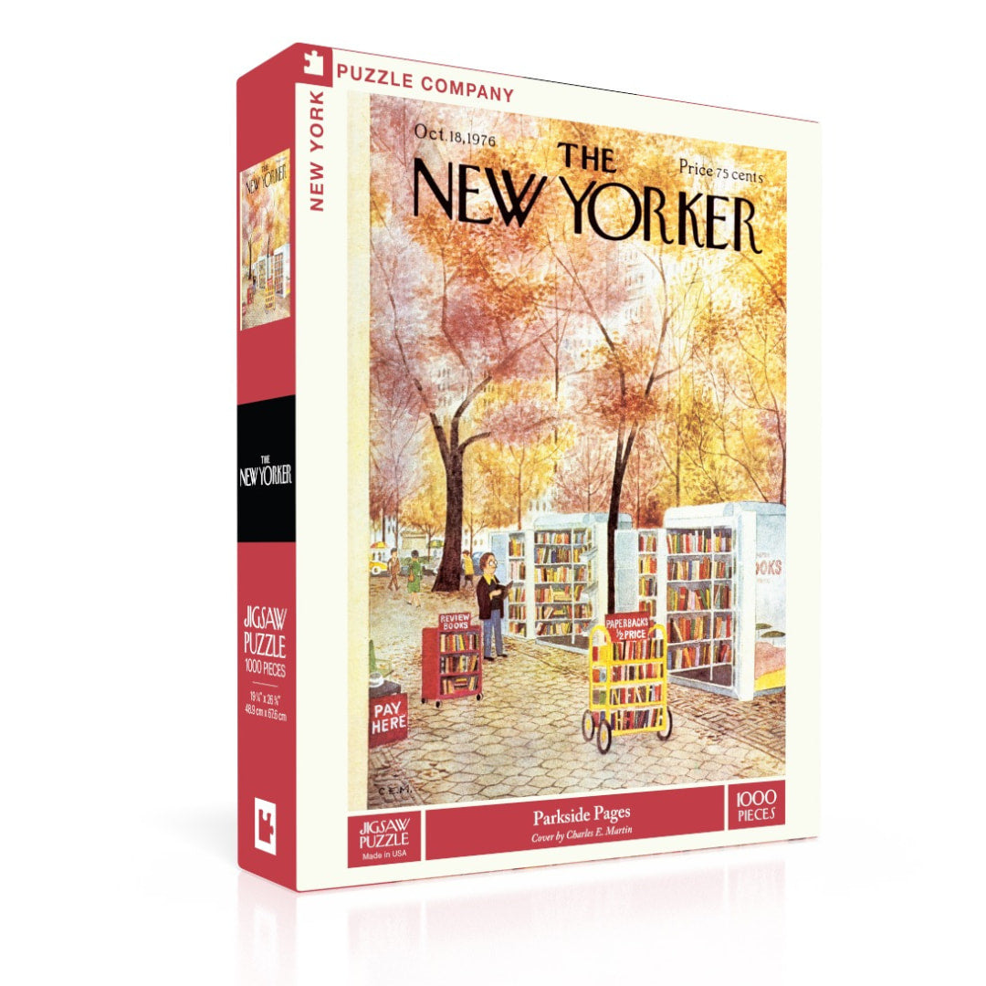 Puzzle box featuring 'The New Yorker' magazine cover with a bookstall scene in a park