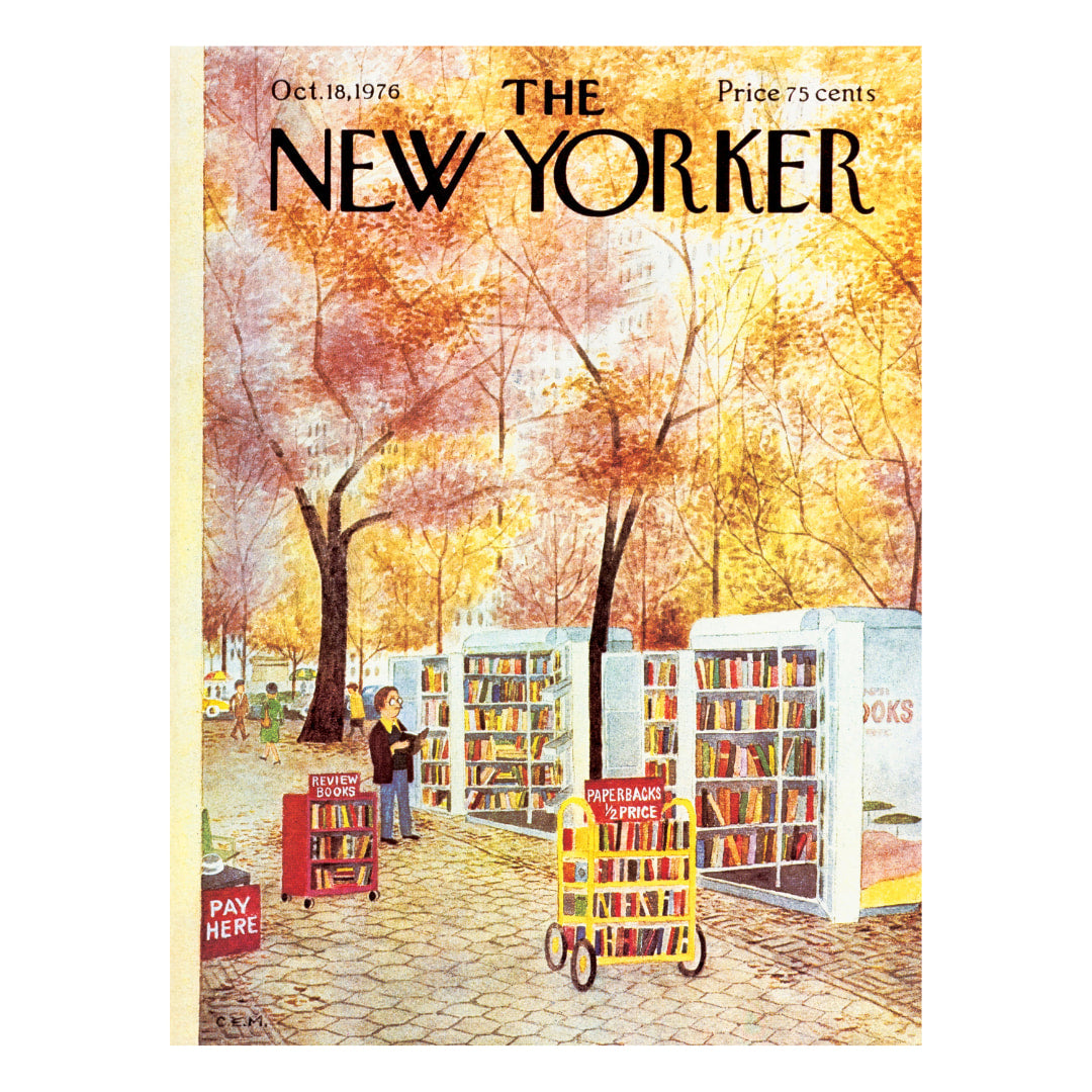 Cover of 'The New Yorker' magazine featuring a street scene with bookshelves and a person reading.