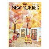 Cover of 'The New Yorker' magazine featuring a street scene with bookshelves and a person reading.