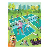 Illustration of people playing pickleball on a court with cityscape in the background