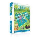 Puzzle box featuring a pickleball game scene with people playing on a court.