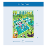 Puzzle packaging with illustration of people playing pickleball on a court, dimensions displayed.