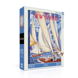 Jigsaw puzzle box featuring sailboats and 'The New Yorker' branding on a white background