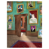 Room with portraits on the wall and a door leading to another room.