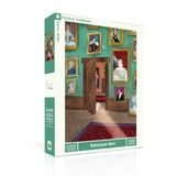 Jigsaw puzzle box with artwork of a room with open doors and people in frames.