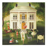 Painting of a large white house with people and animals in front