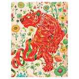 Colorful illustration of a red tiger surrounded by flowers on a light pink background