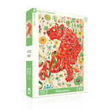 Jigsaw puzzle box with a red tiger design on a white background