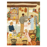 A vintage-style illustrated scene showing a family in a cozy kitchen and dining area. A seated woman at the table, a standing man cooking at the stove, and a young girl standing nearby, rendered in warm pastel tones with wood beams, hanging pots, and household details.