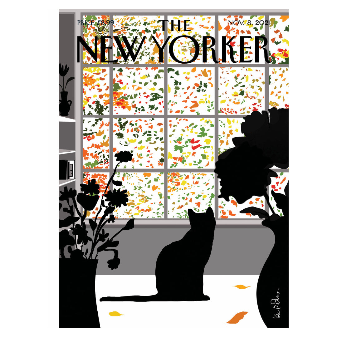 New Yorker magazine cover with a silhouette of a cat by a window with autumn leaves.