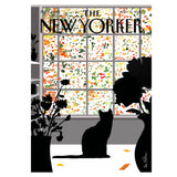 New Yorker magazine cover with a silhouette of a cat by a window with autumn leaves.