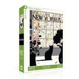 Jigsaw puzzle box featuring a cat and person silhouette by a window with a falling leaf pattern, New York Puzzle Company branding.
