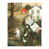 Illustration of a child in a garden with a house in the background