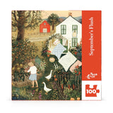 Jigsaw puzzle box with a garden scene and 'September's Flush' branding.