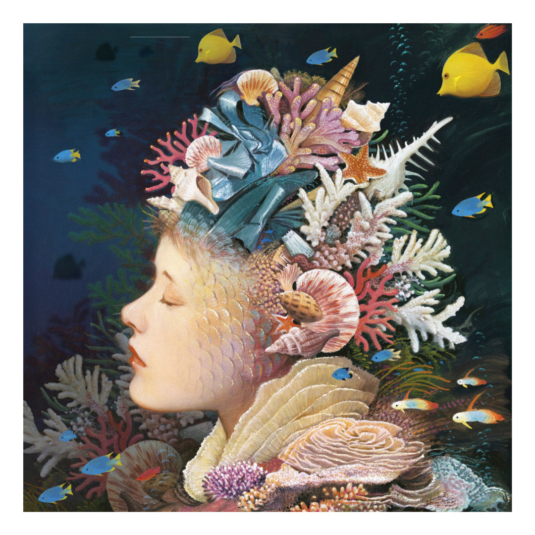 Artistic depiction of a person with a headpiece made of coral and sea creatures, surrounded by underwater fish.