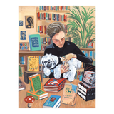 Illustration of a person holding a dog in a room filled with books and plants
