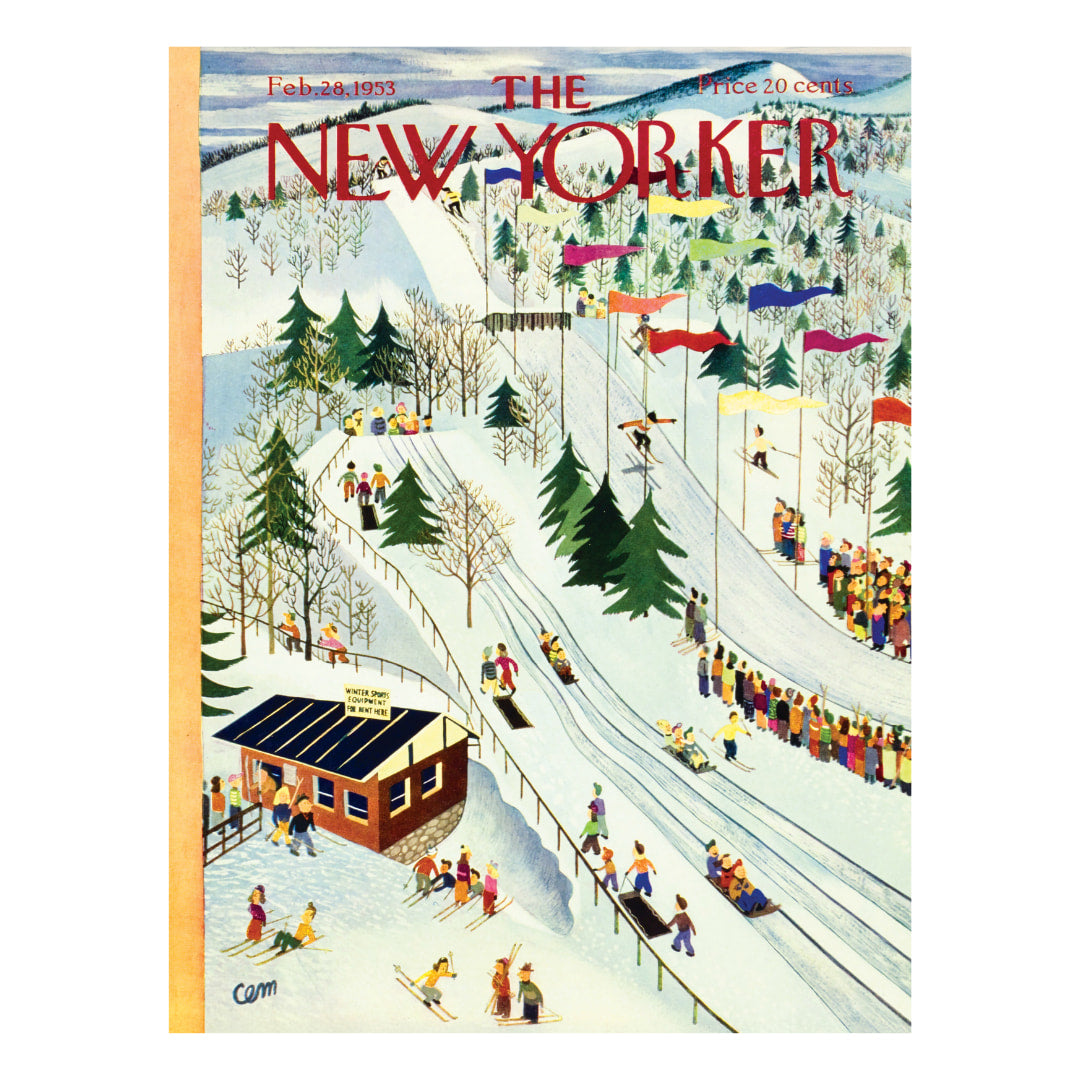 Cover of The New Yorker magazine featuring a winter scene with people skiing and snowboarding.