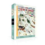 Jigsaw puzzle box featuring a winter scene with people sledding and skiing, published by The New Yorker.