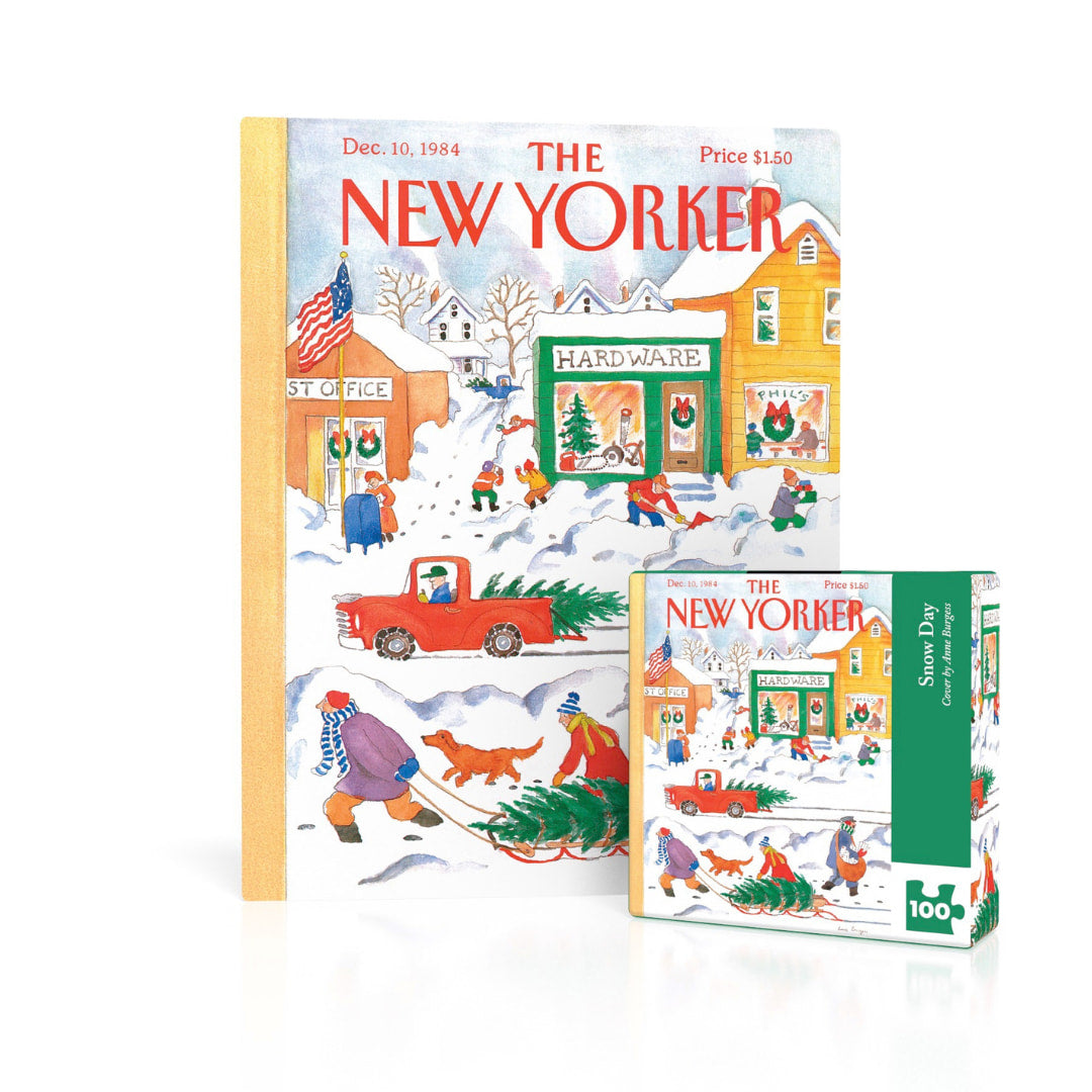 Puzzle image and puzzle box with New Yorker magazine cover design on a white background