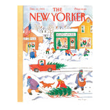 Illustrated cover of 'The New Yorker' magazine featuring a snowy village scene with people and a truck carrying a Christmas tree.