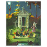 A surreal Halloween night painting featuring a small classical mausoleum with skeleton statues, three people sitting on the steps surrounded by jack-o'-lanterns, two dancing skeletons, a moon in the sky, and black swans in the foreground.