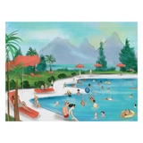 Illustration of a pool party with people swimming and lounging, surrounded by palm trees and mountains.