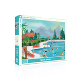 Jigsaw puzzle box with a pool scene design on a white background