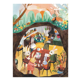 Illustration of rabbits at a table in a forest setting