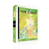 New York Puzzle Company puzzle box with a colorful spring time illustration on a white background