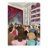 Illustration of a theater audience watching a performance with red curtains and balcony seats.
