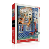 Jigsaw puzzle box featuring artwork of people on a balcony with a summer theme.