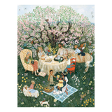 Illustration of a group of people enjoying a picnic under a cherry blossom tree.