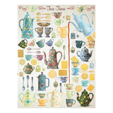Tea-themed decorative illustration with teapots, cups, and other tea accessories on a white background.