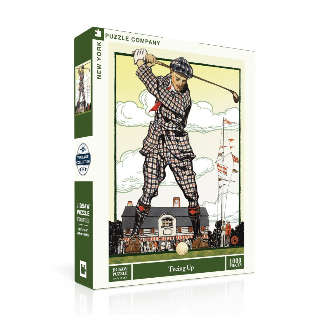 Jigsaw puzzle box with a golfer design on a white background