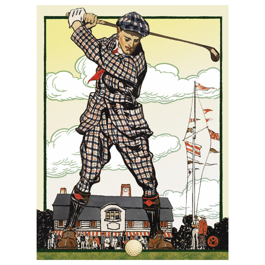 Vintage-style illustration of a golfer in plaid attire with a golf club, set against a scenic background.