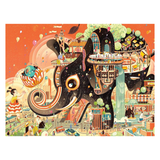Illustration of a cityscape with large elephants and colorful buildings on an orange background