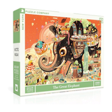 Jigsaw puzzle box featuring an illustration of a great elephant with a colorful cityscape.