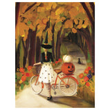 Painting of a person in a Halloween costume with a bicycle and pumpkin in an autumnal setting.