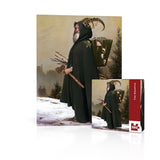 Gothic-style figure with a scythe on a snowy landscape, next to a puzzle box with the same design.