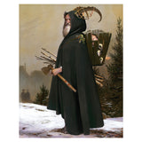 Figure in a dark cloak with a wooden crate on a snowy landscape