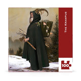 Jigsaw puzzle packaging featuring a figure dressed as Krampus with a red border and 'The Krampus' text.