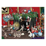 A festive illustrated holiday scene showing a crowded room with mice dressed as Santa's soldiers, a decorated mantel, stockings, toys, and a fireplace. The artwork fills the central area, with a white border around it.