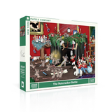 A 500-piece jigsaw puzzle box titled 'The Nutcracker Battle' by New York Puzzle Company. The box features a detailed holiday illustration of nutcrackers and mice in a decorated room, with green side panels and white text.