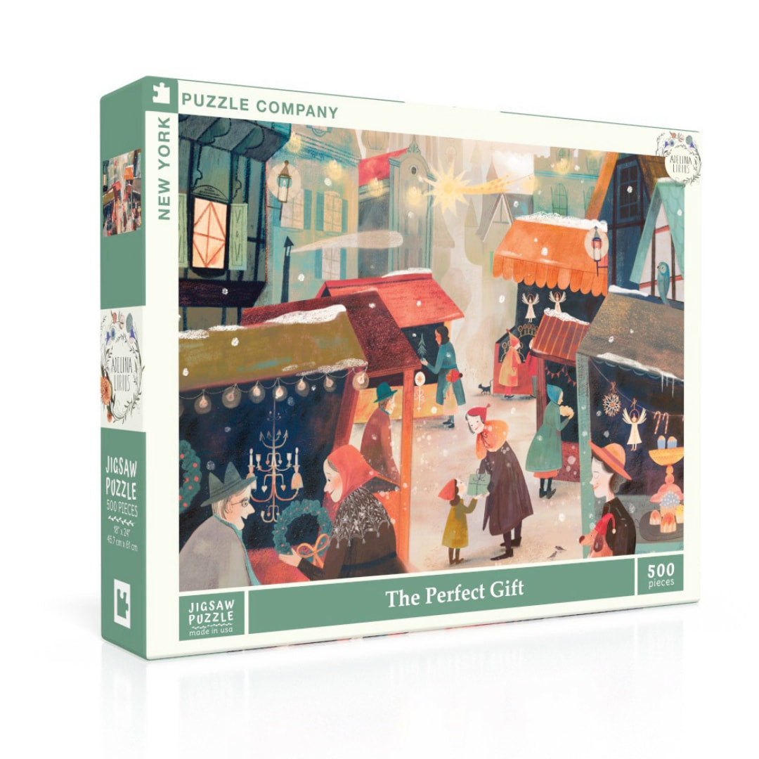 Jigsaw puzzle box with a festive street scene design on a white background