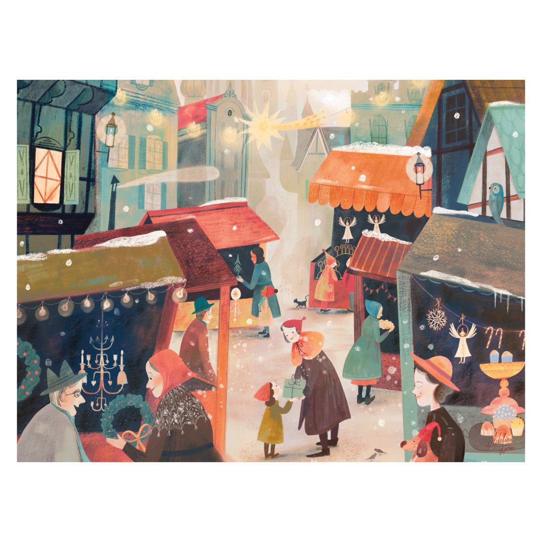 Illustration of a festive street scene with people and shops on a snowy day.