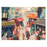 Illustration of a festive street scene with people and shops on a snowy day.